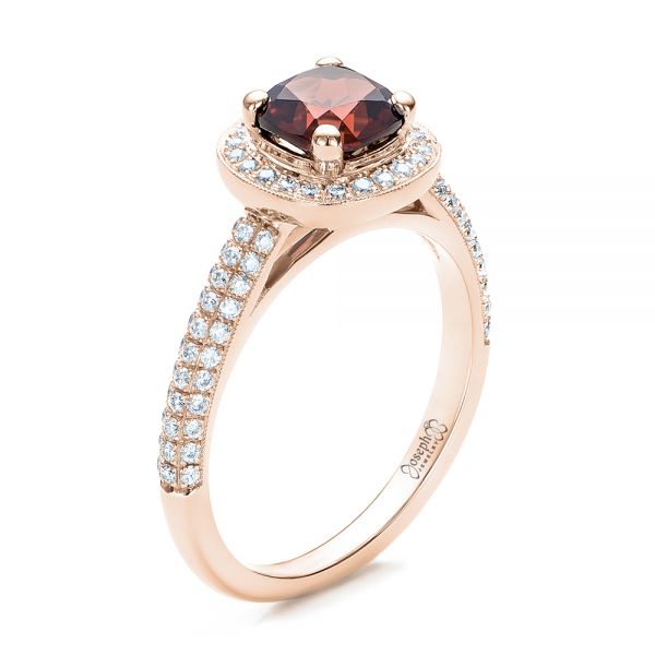 14k Rose Gold 14k Rose Gold Custom Garnet And Diamond Halo Engagement Ring - Three-Quarter View - 100925