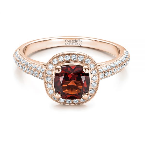 18k Rose Gold 18k Rose Gold Custom Garnet And Diamond Halo Engagement Ring - Flat View -  100925
