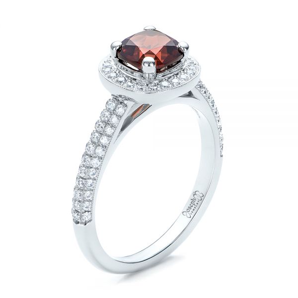  Platinum Custom Garnet And Diamond Halo Engagement Ring - Three-Quarter View -  100925