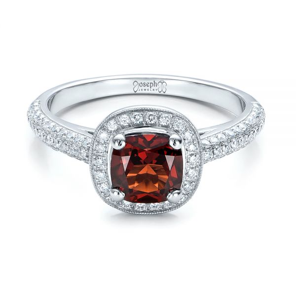 Platinum Custom Garnet And Diamond Halo Engagement Ring - Flat View - 100925