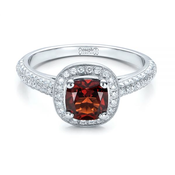  Platinum Custom Garnet And Diamond Halo Engagement Ring - Flat View -  100925