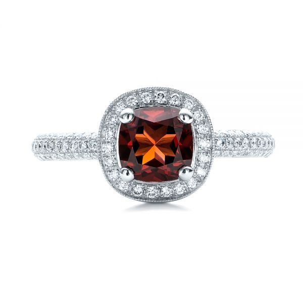 Platinum Custom Garnet And Diamond Halo Engagement Ring - Top View - 100925