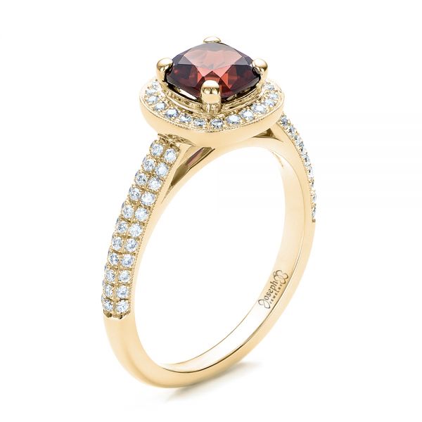 18k Yellow Gold 18k Yellow Gold Custom Garnet And Diamond Halo Engagement Ring - Three-Quarter View - 100925