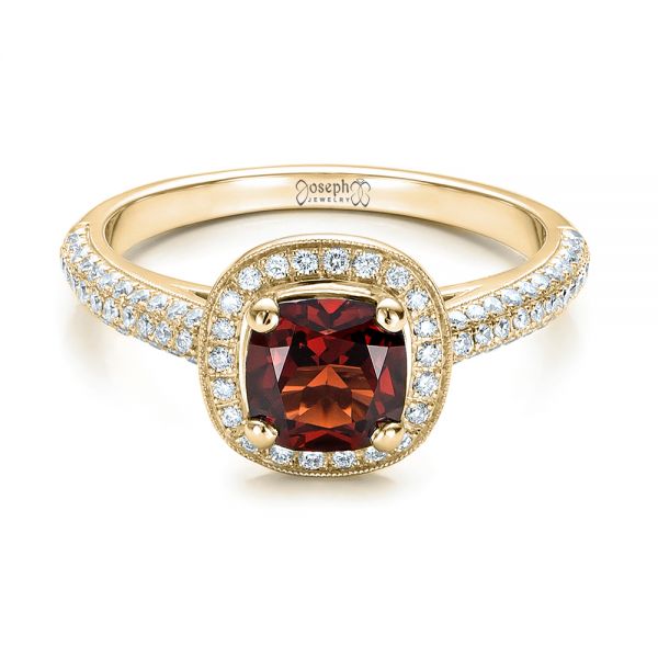 18k Yellow Gold 18k Yellow Gold Custom Garnet And Diamond Halo Engagement Ring - Flat View -  100925