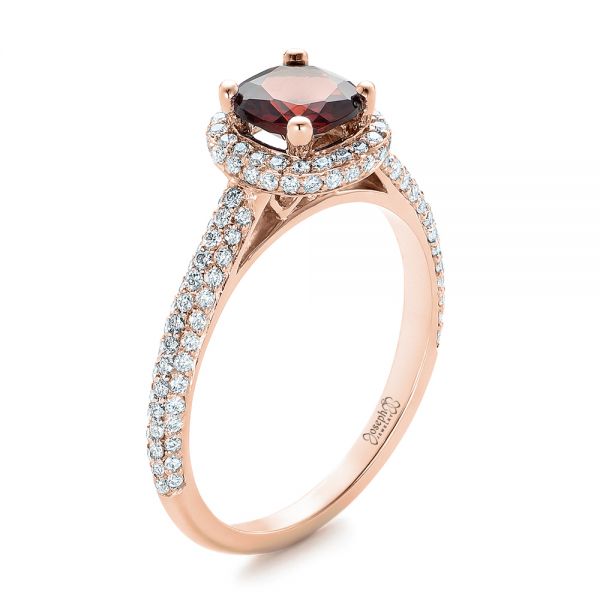 18k Rose Gold 18k Rose Gold Custom Garnet And Pave Diamond Halo Engagement Ring - Three-Quarter View -  102222