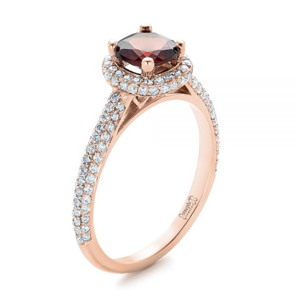 18k Rose Gold 18k Rose Gold Custom Garnet And Pave Diamond Halo Engagement Ring - Three-Quarter View - 102222