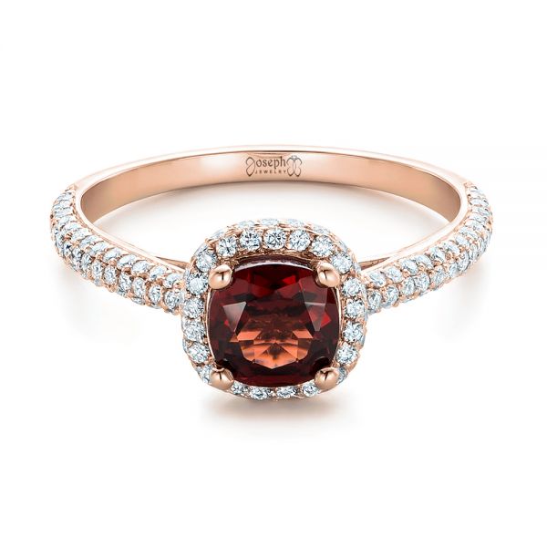 14k Rose Gold 14k Rose Gold Custom Garnet And Pave Diamond Halo Engagement Ring - Flat View -  102222