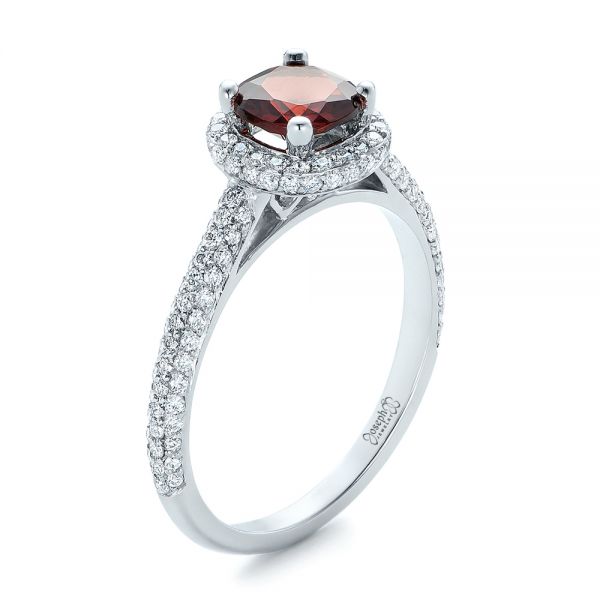 18k White Gold 18k White Gold Custom Garnet And Pave Diamond Halo Engagement Ring - Three-Quarter View -  102222