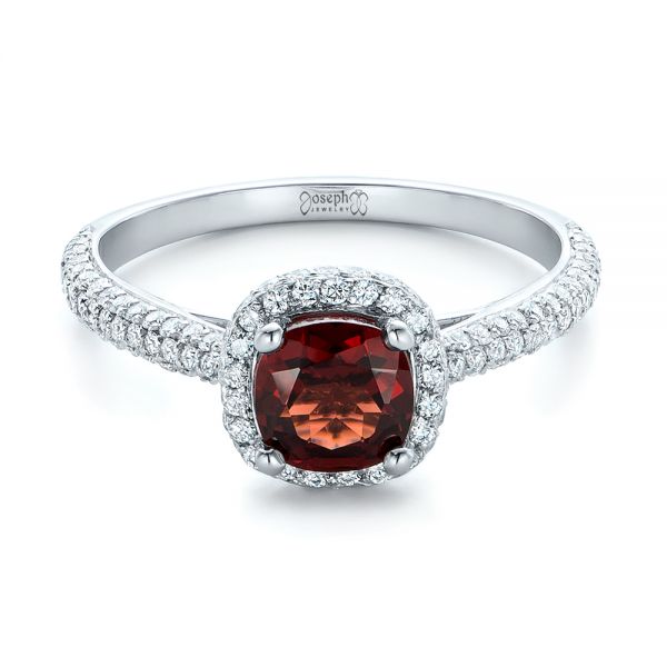 14k White Gold Custom Garnet And Pave Diamond Halo Engagement Ring - Flat View -  102222