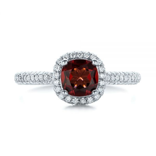 14k White Gold Custom Garnet And Pave Diamond Halo Engagement Ring - Top View -  102222