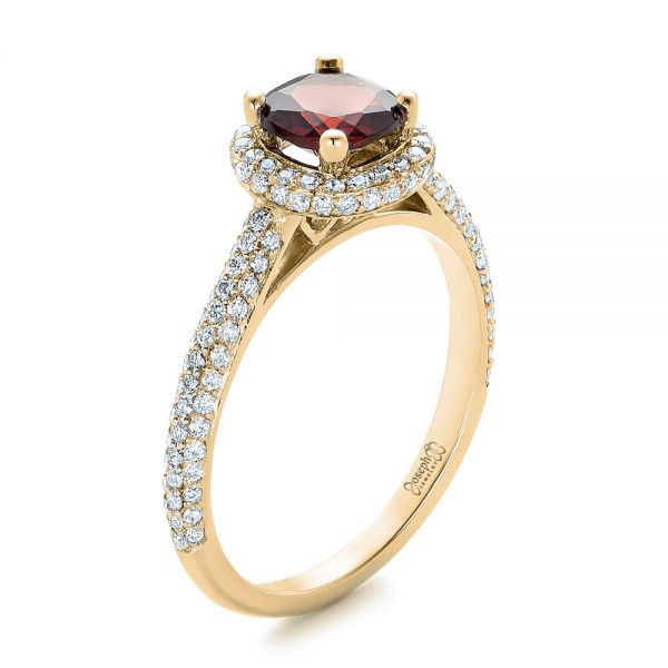 18k Yellow Gold 18k Yellow Gold Custom Garnet And Pave Diamond Halo Engagement Ring - Three-Quarter View - 102222