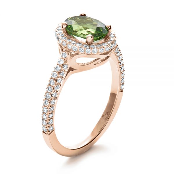 18k Rose Gold 18k Rose Gold Custom Green Peridot And Diamond Engagement Ring - Three-Quarter View -  1125