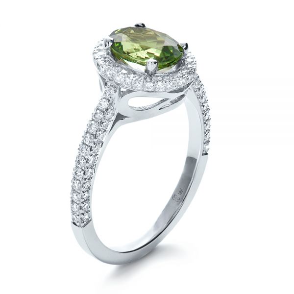 18k White Gold Custom Green Peridot And Diamond Engagement Ring - Three-Quarter View -  1125