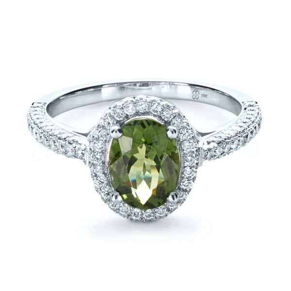 18k White Gold Custom Green Peridot And Diamond Engagement Ring - Flat View - 1125