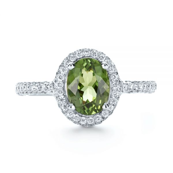 18k White Gold Custom Green Peridot And Diamond Engagement Ring - Top View -  1125
