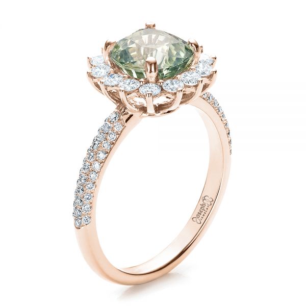 18k Rose Gold 18k Rose Gold Custom Green Sapphire And Diamond Engagement Ring - Three-Quarter View -  100111