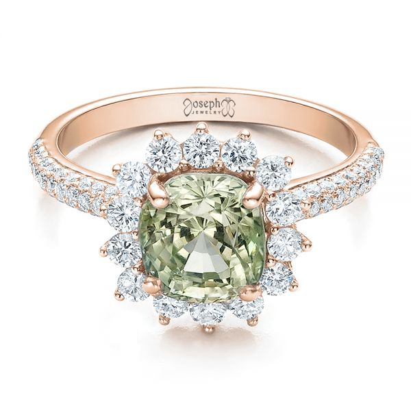 14k Rose Gold 14k Rose Gold Custom Green Sapphire And Diamond Engagement Ring - Flat View -  100111