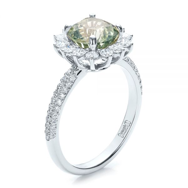 18k White Gold 18k White Gold Custom Green Sapphire And Diamond Engagement Ring - Three-Quarter View -  100111