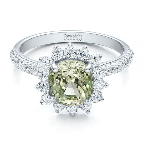 14k White Gold Custom Green Sapphire And Diamond Engagement Ring - Flat View -  100111