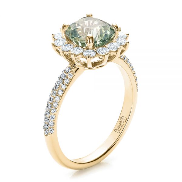 14k Yellow Gold 14k Yellow Gold Custom Green Sapphire And Diamond Engagement Ring - Three-Quarter View -  100111