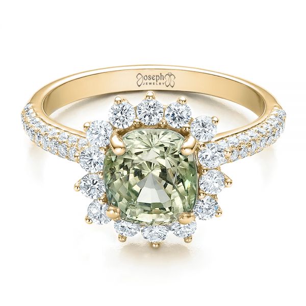14k Yellow Gold 14k Yellow Gold Custom Green Sapphire And Diamond Engagement Ring - Flat View -  100111