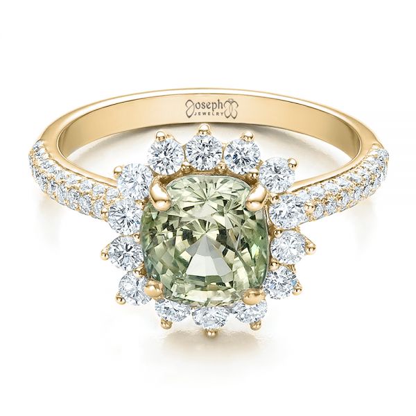 14k Yellow Gold 14k Yellow Gold Custom Green Sapphire And Diamond Engagement Ring - Flat View - 100111