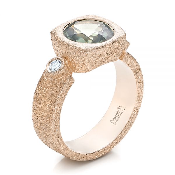 14k Rose Gold 14k Rose Gold Custom Green Sapphire And Textured Engagement Ring - Three-Quarter View - 101104