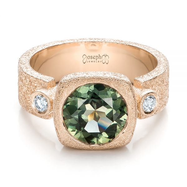 14k Rose Gold 14k Rose Gold Custom Green Sapphire And Textured Engagement Ring - Flat View - 101104