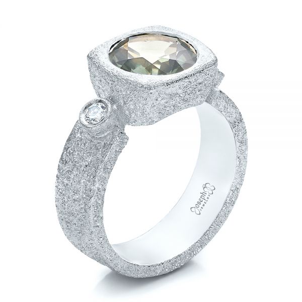 Platinum Platinum Custom Green Sapphire And Textured Engagement Ring - Three-Quarter View - 101104
