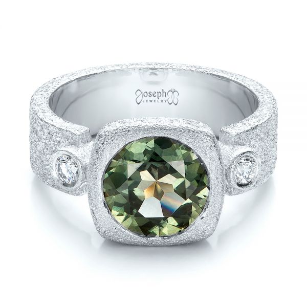  Platinum Platinum Custom Green Sapphire And Textured Engagement Ring - Flat View -  101104
