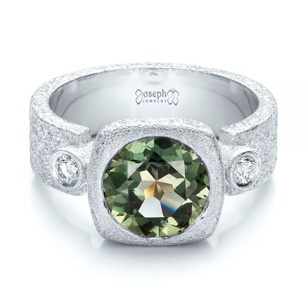 Platinum Platinum Custom Green Sapphire And Textured Engagement Ring - Flat View - 101104