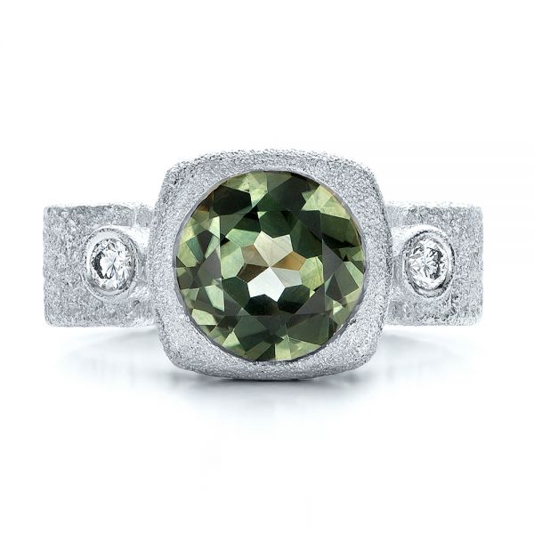 18k White Gold 18k White Gold Custom Green Sapphire And Textured Engagement Ring - Top View -  101104