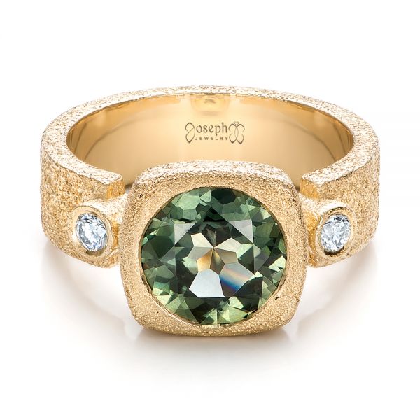14k Yellow Gold Custom Green Sapphire And Textured Engagement Ring - Flat View -  101104