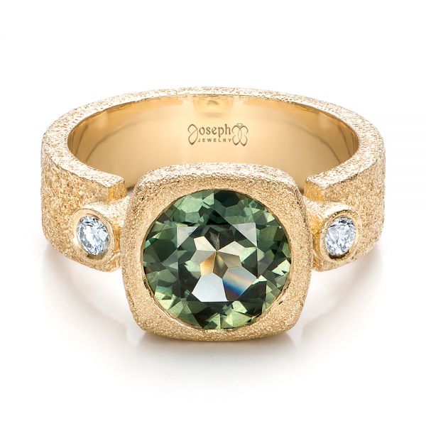 14k Yellow Gold Custom Green Sapphire And Textured Engagement Ring - Flat View - 101104