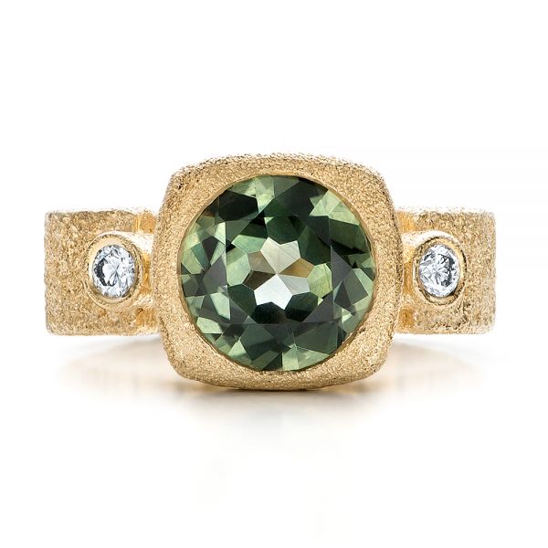 14k Yellow Gold Custom Green Sapphire And Textured Engagement Ring - Top View -  101104