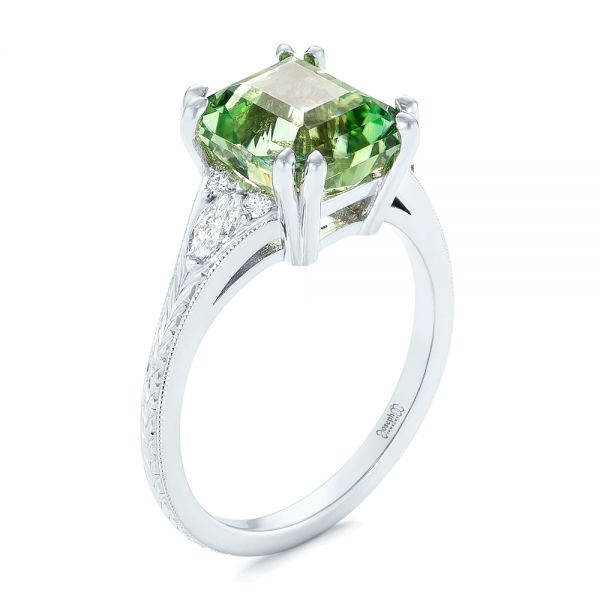 18k White Gold Custom Green Tourmaline And Diamond Engagement Ring - Three-Quarter View -  103593