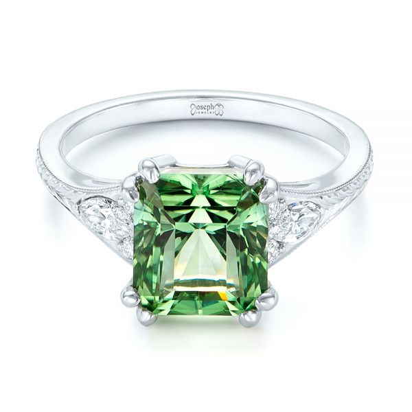 18k White Gold Custom Green Tourmaline And Diamond Engagement Ring - Flat View -  103593