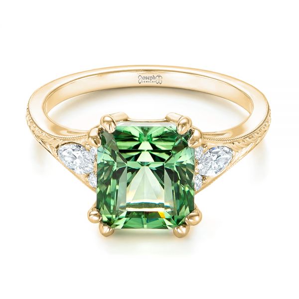 14k Yellow Gold 14k Yellow Gold Custom Green Tourmaline And Diamond Engagement Ring - Flat View -  103593