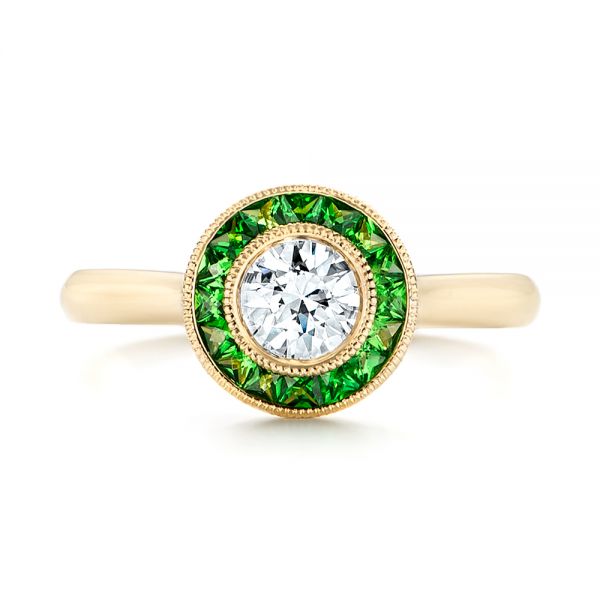 14k Yellow Gold Custom Green Tsavorite And Diamond Engagement Ring - Top View -  102963 - Thumbnail