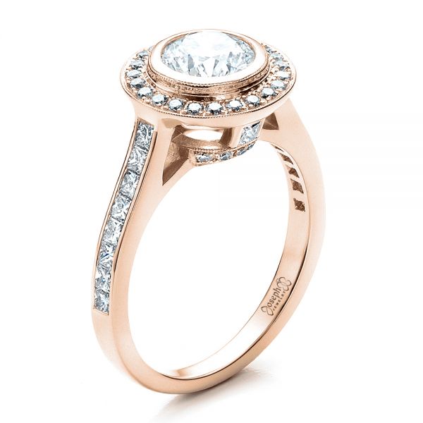 18k Rose Gold 18k Rose Gold Custom Halo Engagement Ring - Three-Quarter View -  1450