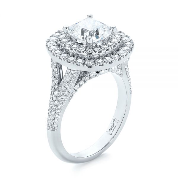  Platinum Custom Halo Pave Diamond Engagement Ring - Three-Quarter View -  104254