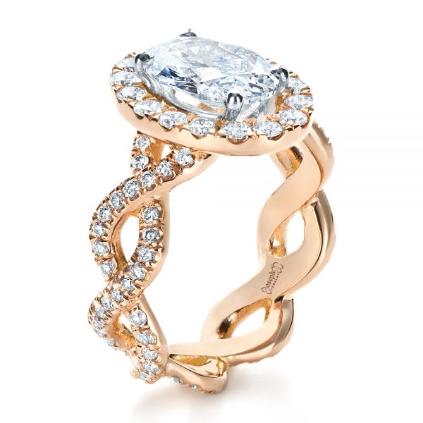 18k Rose Gold Custom Halo Engagement Ring - Three-Quarter View - 1390
