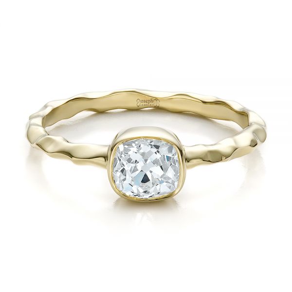14k Yellow Gold Custom Hammered Engagement Ring - Flat View -  100300