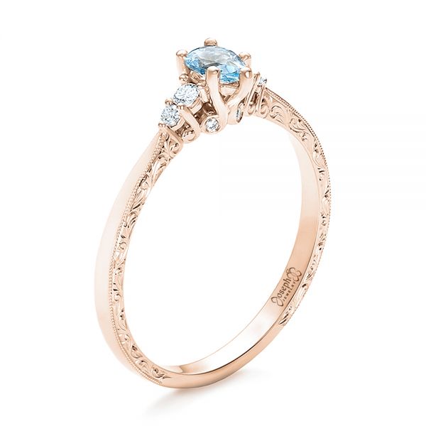 18k Rose Gold 18k Rose Gold Custom Hand Engraved Aquamarine And Diamond Engagement Ring - Three-Quarter View -  100628