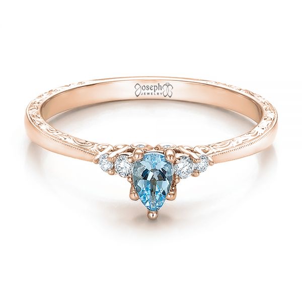 14k Rose Gold 14k Rose Gold Custom Hand Engraved Aquamarine And Diamond Engagement Ring - Flat View -  100628