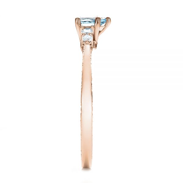 14k Rose Gold 14k Rose Gold Custom Hand Engraved Aquamarine And Diamond Engagement Ring - Side View -  100628