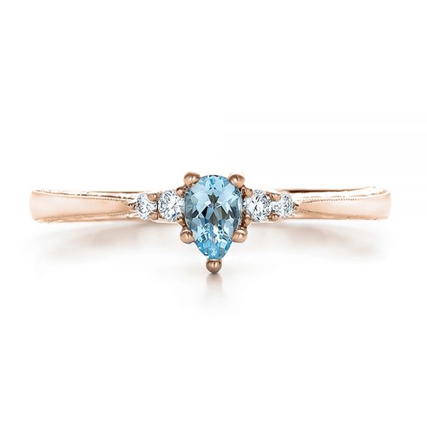 14k Rose Gold 14k Rose Gold Custom Hand Engraved Aquamarine And Diamond Engagement Ring - Top View -  100628