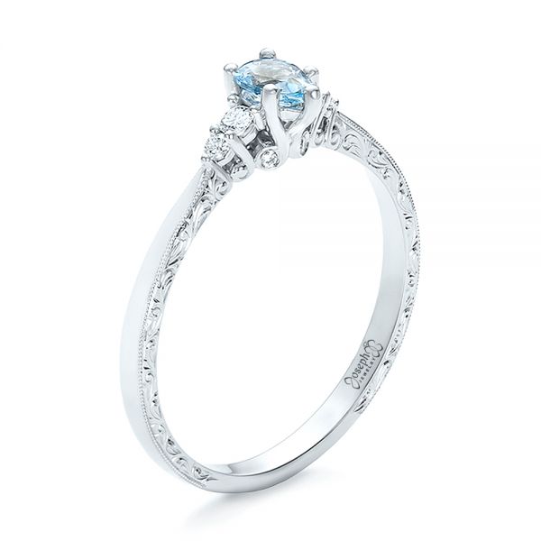 14k White Gold Custom Hand Engraved Aquamarine And Diamond Engagement Ring - Three-Quarter View -  100628