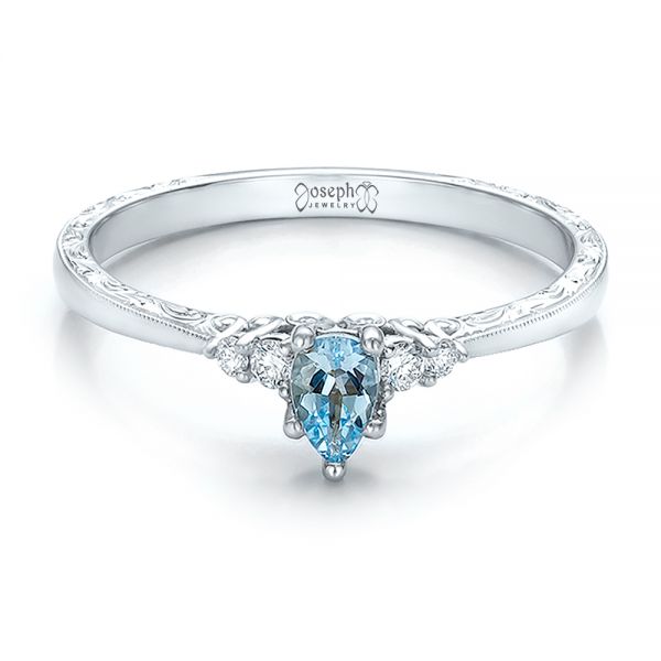 14k White Gold Custom Hand Engraved Aquamarine And Diamond Engagement Ring - Flat View -  100628