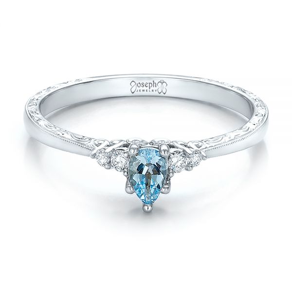 14k White Gold Custom Hand Engraved Aquamarine And Diamond Engagement Ring - Flat View - 100628